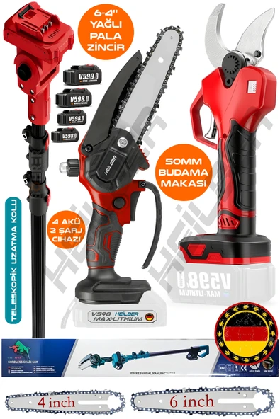 HEİLBER ALMAN TELESKOPİK V598 RED AKÜLÜ YAĞLI 4 VE 6 İNÇ BUDAMA TESTERERESİ VE 50MM BUDAMA MAKASI +4 AKÜ ürün görseli 1