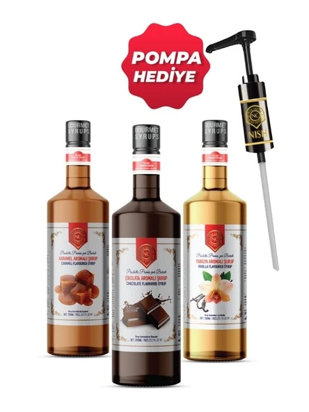 Nish Vanilya,Karamel,Çikolata Aromalı Şurup 3 x 700 ML - Pet Şişe + Pompa Hediyeli ürün görseli 1