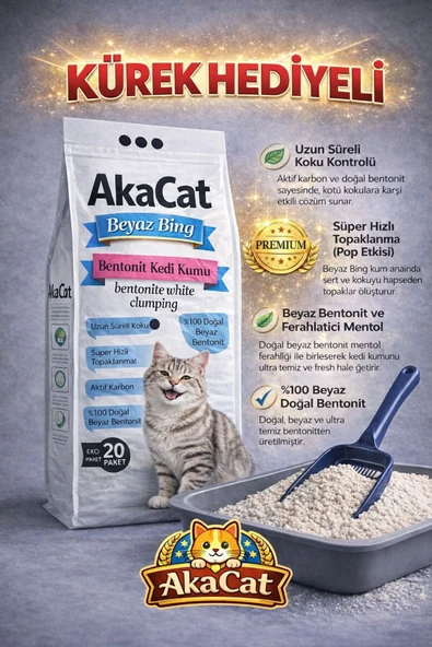 AKACAT AKA CAT 20 Lt Beyaz Bentonit Doğal %100 Topaklaşan Ince Taneli Kedi Kumu Kürek Hediyeli ürün görseli 1