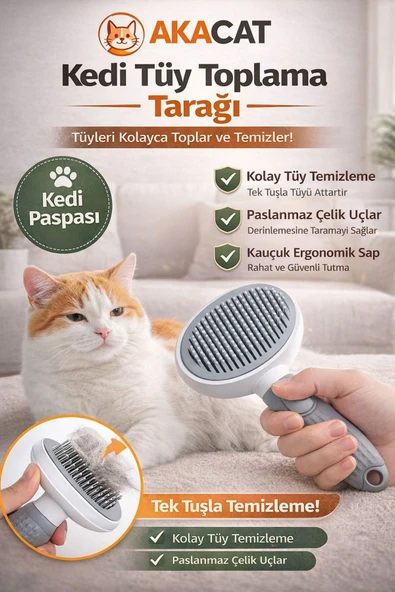 AKACAT Otomatik Temizlenen Tuşlu Evcil Hayvan Fırçası Kedi Köpek Tüy Toplayıcı Tarak Gri ürün görseli 1