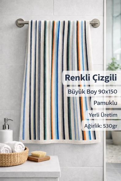 2 Adet Renkli Çizgili Büyük Boy Banyo Havlusu Ekonomik (90x150) ürün görseli 1