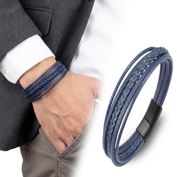 ? Premium  Mavi Siyah Çoklu Deri Bileklik Zamak Kilit 31833B2D7Z - 20 cm ürün görseli 1