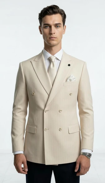 Plus Scorpion Krem Çizgili Kruvaze Erkek Blazer  Ceket – Slim Fit Şık Tasarım ürün görseli 1
