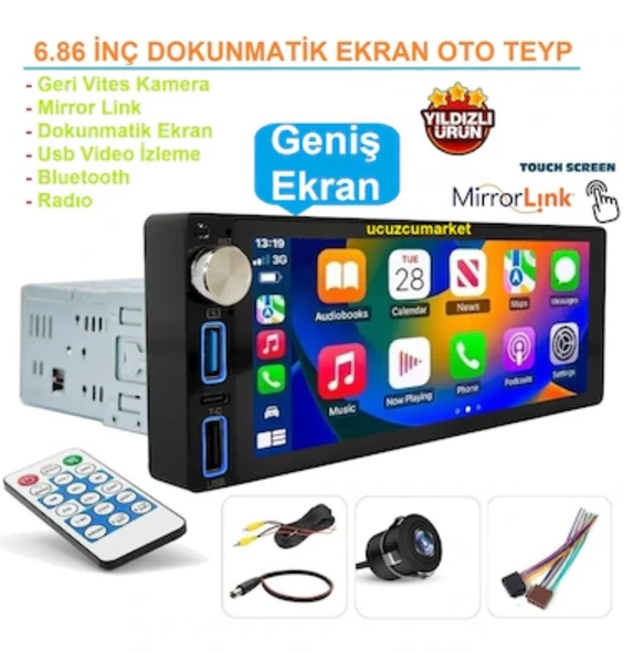 6.86 inç Dokunmatik Geniş Ekran Oto Teyp Geri Vites Kamera+bluetooth+mirror Link ürün görseli 1