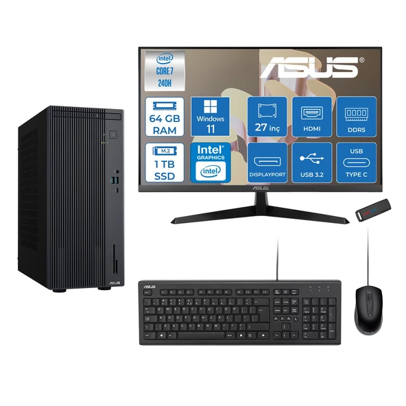 Asus Expertcenter P500MV Intel® Core™ Ultra 7 240H 5.2ghz Aı 64GB Ddr5 1tb SSD 27"120Hz Intel® Graphics WIN11PRO Mini Tower Masaüstü Bilgisayar E724016512B0DP23+ZETTAUSBBELLEK ürün görseli 1