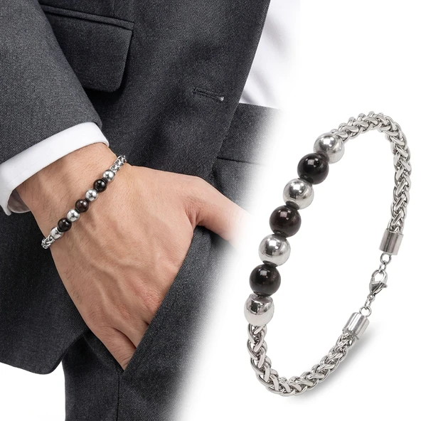 ? Premium Siyah Beyaz Çelik Top Çelik Zincir Erkek Bileklik 31834B29D1 - 25 cm ürün görseli 1