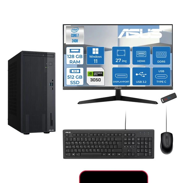 Asus Expertcenter P500MV Intel® Core™ Ultra 7 240H 5.2ghz Aı 128GB Ddr5 512GB SSD 27"120Hz 6GB/RTX3050 WIN11HOME Mini Tower Masaüstü Bilgisayar E724016512B0D23H37+ZETTAUSBBELLEK ürün görseli 1
