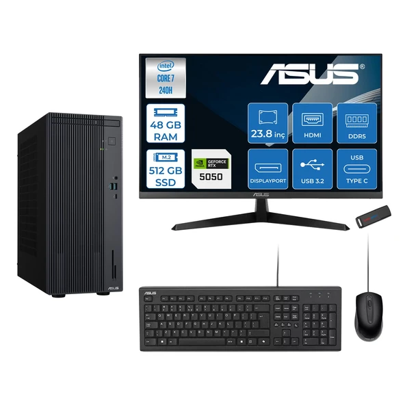 Asus Expertcenter P500MV Intel® Core™ Ultra 7 240H 5.2ghz Aı 48GB Ddr5 512GB SSD 23.8"120Hz 8GB/RTX5050 Freedos Mini Tower Masaüstü Bilgisayar D724016512B0D27F17+ZETTAUSBBELLEK ürün görseli 1