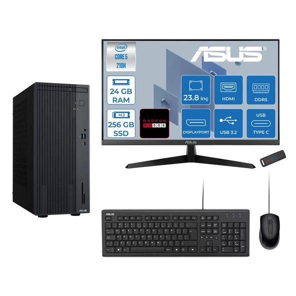 Asus Expertcenter P500MV Intel® Core™ Ultra 5 210H 4.8ghz Aı 24GB Ddr5 256GB SSD 23.8" 120Hz 4GB/RX550  Freedos Mini Tower Masaüstü Bilgisayar D52108512B0D21F06+ZETTAUSBBELLEK ürün görseli 1