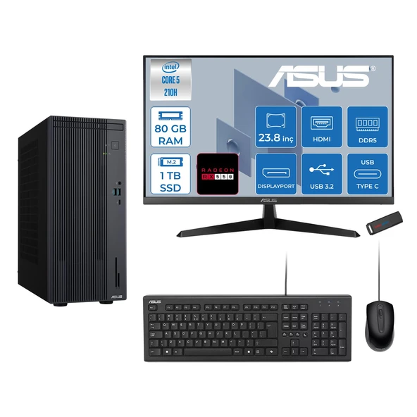 Asus Expertcenter P500MV Intel® Core™ Ultra 5 210H 4.8ghz Aı 80GB Ddr5 1tb SSD 23.8" 120Hz 4GB/RX550  Freedos Mini Tower Masaüstü Bilgisayar D52108512B0D21F28+ZETTAUSBBELLEK ürün görseli 1