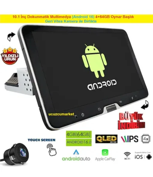10.1 İnç Dokunmatik Multimedya (Android 16) 4+64GB Oynar Başlık(Manual Döndürme) + Geri Vites Kamera ürün görseli 1