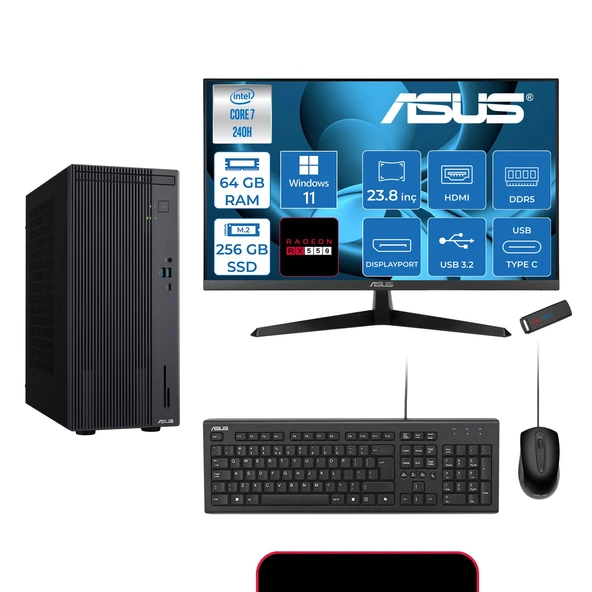 Asus Expertcenter P500MV Intel® Core™ Ultra 7 240H 5.2ghz Aı 64GB Ddr5 256GB SSD 23.8"120Hz 4GB/RX550  WIN11HOME Mini Tower Masaüstü Bilgisayar D724016512B0D21H21+ZETTAUSBBELLEK ürün görseli 1