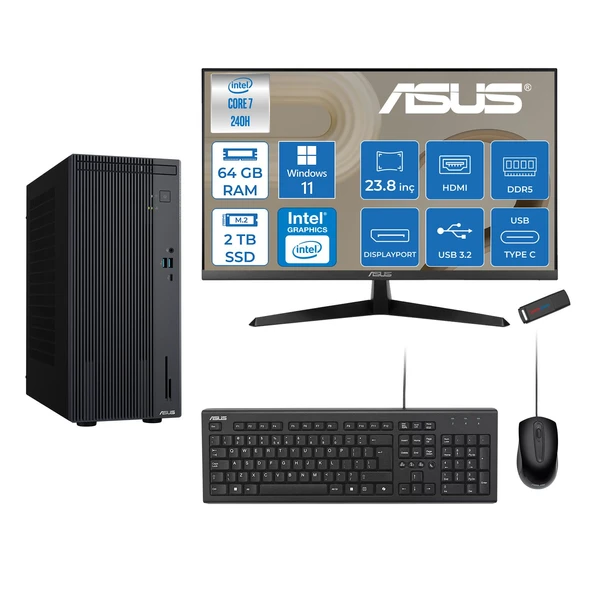 Asus Expertcenter P500MV Intel® Core™ Ultra 7 240H 5.2ghz Aı 64GB Ddr5 2tb SSD 23.8"120Hz Intel® Graphics WIN11PRO Mini Tower Masaüstü Bilgisayar D724016512B0DP24+ZETTAUSBBELLEK ürün görseli 1