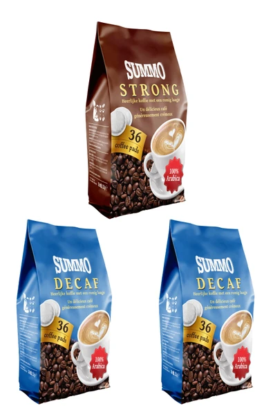 SUMMO 1 Adet Strong Ve 2 Adet Decaf 108’li Avantaj Paketi (36x3 Paket) Senseo Pads Kahve Kapsülü ürün görseli 1