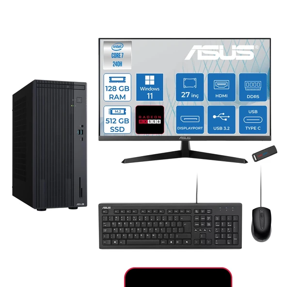 Asus Expertcenter P500MV Intel® Core™ Ultra 7 240H 5.2ghz Aı 128GB Ddr5 512GB SSD 27"120Hz 4GB/RX550  WIN11HOME Mini Tower Masaüstü Bilgisayar E724016512B0D21H37+ZETTAUSBBELLEK ürün görseli 1