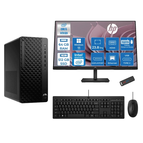 Hp Prodesk 2 Tower G1I Intel I5 14400 4,7 Ghz 64GB Ddr5 512GB SSD Intel® UHD Graphics 730 WIN11HOME Mini + 23.8 100Hz Fhd Monitör Tower Masaüstü Bilgisayar 24B70VQATH22+ZETTAUSBBELLEK ürün görseli 1
