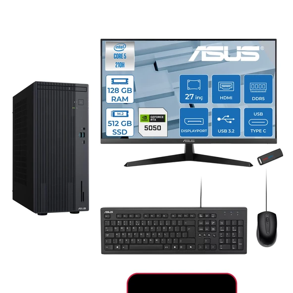 Asus Expertcenter P500MV Intel® Core™ Ultra 5 210H 4.8ghz Aı 128GB Ddr5 512GB SSD 27" 120Hz 8GB/RTX5050 Freedos Mini Tower Masaüstü Bilgisayar E52108512B0D27F37+ZETTAUSBBELLEK ürün görseli 1