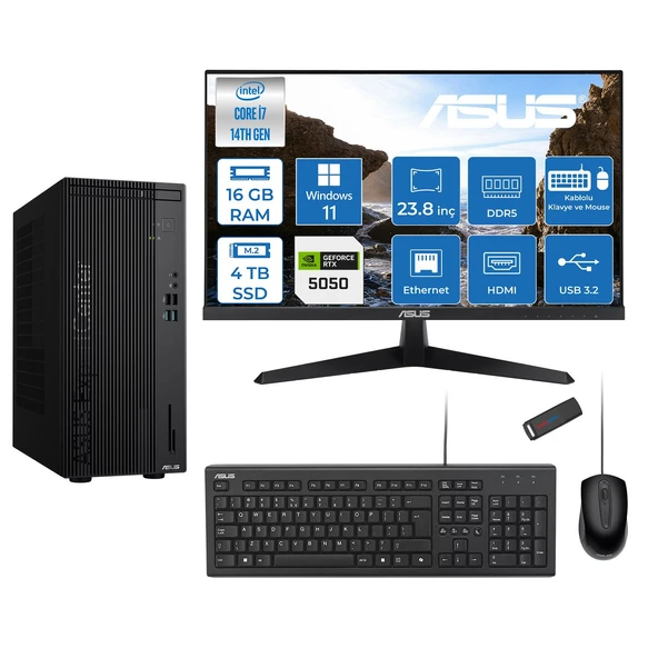 Asus Expertcenter D501MER  Intel® Core™ İ7-14700 16GB Ddr5 4tb SSD 8GB/RTX5050 WIN11HOME +23.8" 120Hz Monitör Mini Tower Masaüstü Bilgisayar 238WD501MER27H05+ZETTAUSBBELLEK ürün görseli 1
