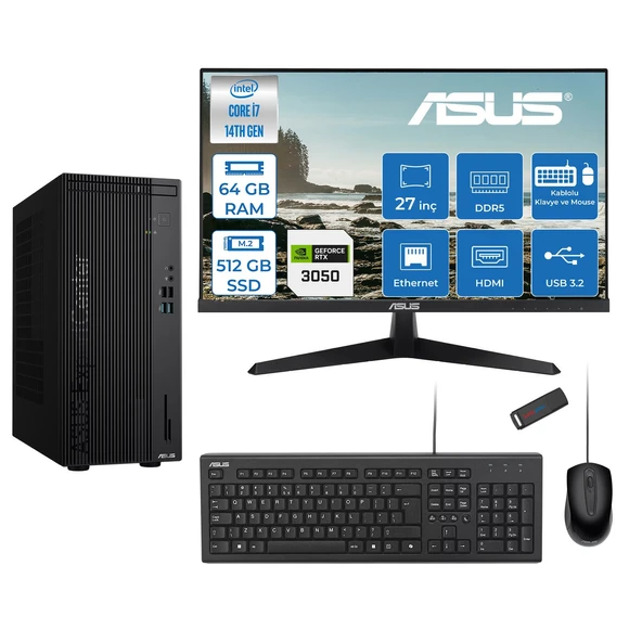 Asus Expertcenter D501MER  Intel® Core™ İ7-14700 64GB Ddr5 512GB SSD 6GB/RTX3050 Freedos +27" 120Hz Monitör Mini Tower Masaüstü Bilgisayar 27WD501MER23F22+ZETTAUSBBELLEK ürün görseli 1