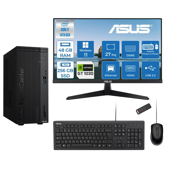 Asus Expertcenter D501MER  Intel® Core™ İ7-14700 48GB Ddr5 256GB SSD 4GB/GT1030  WIN11PRO +27" 120Hz Monitör Mini Tower Masaüstü Bilgisayar 27WD501MER21P16+ZETTAUSBBELLEK ürün görseli 1