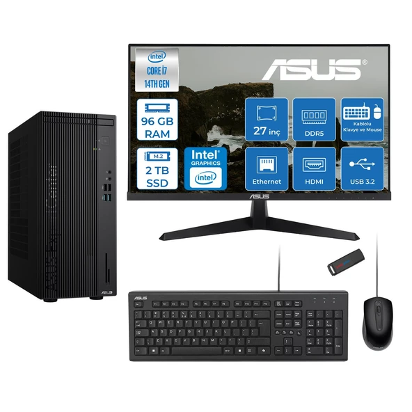 Asus Expertcenter D501MER  Intel® Core™ İ7-14700 96GB Ddr5 2tb SSD Intel® UHD Graphics 770 Freedos +27" 120Hz Monitör Mini Tower Masaüstü Bilgisayar 27WD501MERF34+ZETTAUSBBELLEK ürün görseli 1