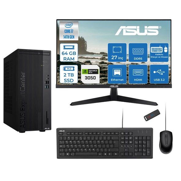 Asus Expertcenter D501MER  Intel® Core™ İ7-14700 64GB Ddr5 2tb SSD 6GB/RTX3050 Freedos +27" 120Hz Monitör Mini Tower Masaüstü Bilgisayar 27WD501MER23F24+ZETTAUSBBELLEK ürün görseli 1