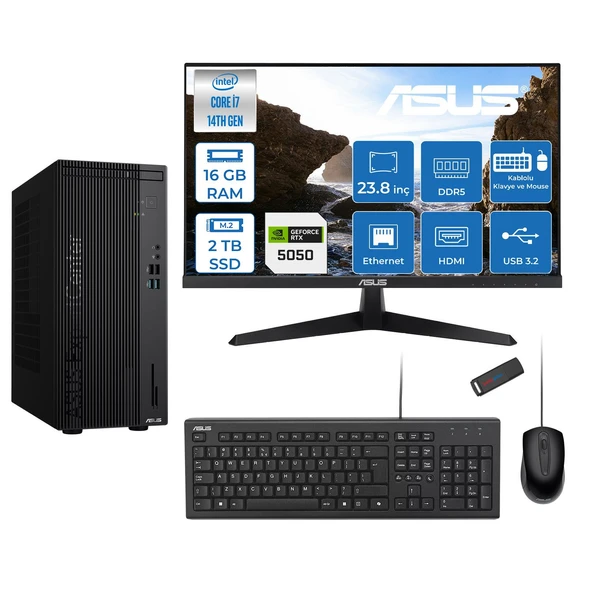 Asus Expertcenter D501MER  Intel® Core™ İ7-14700 16GB Ddr5 2tb SSD 8GB/RTX5050 Freedos +23.8" 120Hz Monitör Mini Tower Masaüstü Bilgisayar 238WD501MER27F04+ZETTAUSBBELLEK ürün görseli 1