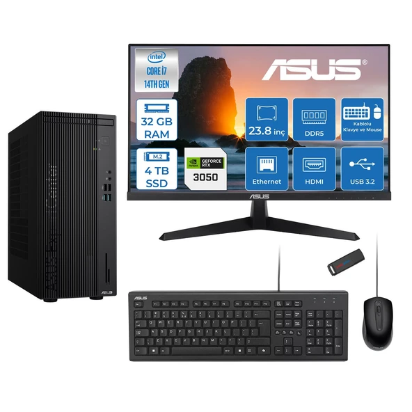 Asus Expertcenter D501MER  Intel® Core™ İ7-14700 32GB Ddr5 4tb SSD 6GB/RTX3050 Freedos +23.8" 120Hz Monitör Mini Tower Masaüstü Bilgisayar 238WD501MER23F15+ZETTAUSBBELLEK ürün görseli 1