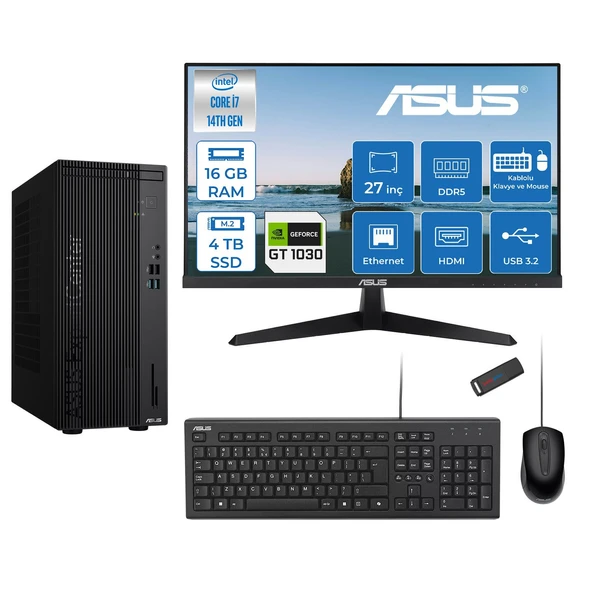 Asus Expertcenter D501MER  Intel® Core™ İ7-14700 16GB Ddr5 4tb SSD 4GB/GT1030  Freedos +27" 120Hz Monitör Mini Tower Masaüstü Bilgisayar 27WD501MER21F05+ZETTAUSBBELLEK ürün görseli 1