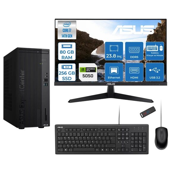 Asus Expertcenter D501MER  Intel® Core™ İ7-14700 80GB Ddr5 256GB SSD 8GB/RTX5050 Freedos +23.8" 120Hz Monitör Mini Tower Masaüstü Bilgisayar 238WD501MER27F26+ZETTAUSBBELLEK ürün görseli 1