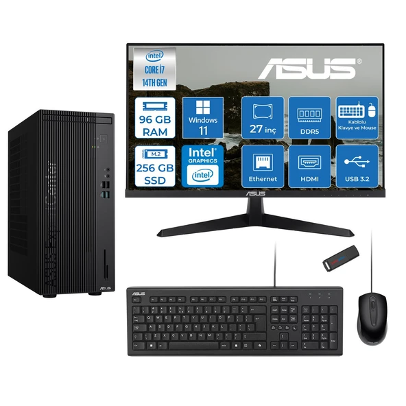 Asus Expertcenter D501MER  Intel® Core™ İ7-14700 96GB Ddr5 256GB SSD Intel® UHD Graphics 770 WIN11PRO +27" 120Hz Monitör Mini Tower Masaüstü Bilgisayar 27WD501MERP31+ZETTAUSBBELLEK ürün görseli 1