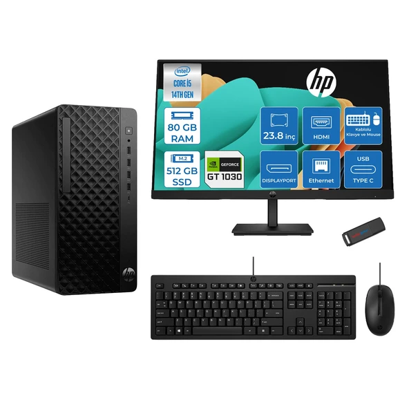 Hp Prodesk 2 Tower G1I Intel I5 14400 4,7 Ghz 80GB Ddr5 512GB SSD 4GB/GT1030  Freedos Mini + 23.8 100Hz Fhd Monitör Tower Masaüstü Bilgisayar 24B70VQAT21F27+ZETTAUSBBELLEK ürün görseli 1