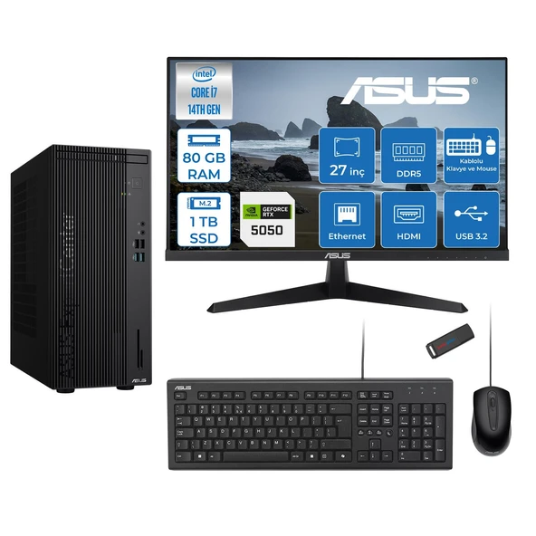Asus Expertcenter D501MER  Intel® Core™ İ7-14700 80GB Ddr5 1tb SSD 8GB/RTX5050 Freedos +27" 120Hz Monitör Mini Tower Masaüstü Bilgisayar 27WD501MER27F28+ZETTAUSBBELLEK ürün görseli 1