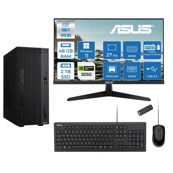 Asus Expertcenter D501MER  Intel® Core™ İ7-14700 48GB Ddr5 2tb SSD 6GB/RTX3050 WIN11PRO +27" 120Hz Monitör Mini Tower Masaüstü Bilgisayar 27WD501MER23P19+ZETTAUSBBELLEK ürün görseli 1