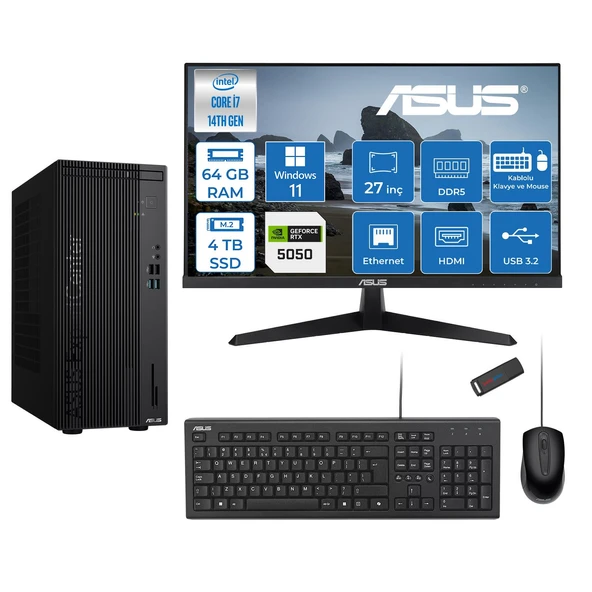 Asus Expertcenter D501MER  Intel® Core™ İ7-14700 64GB Ddr5 4tb SSD 8GB/RTX5050 WIN11HOME +27" 120Hz Monitör Mini Tower Masaüstü Bilgisayar 27WD501MER27H25+ZETTAUSBBELLEK ürün görseli 1