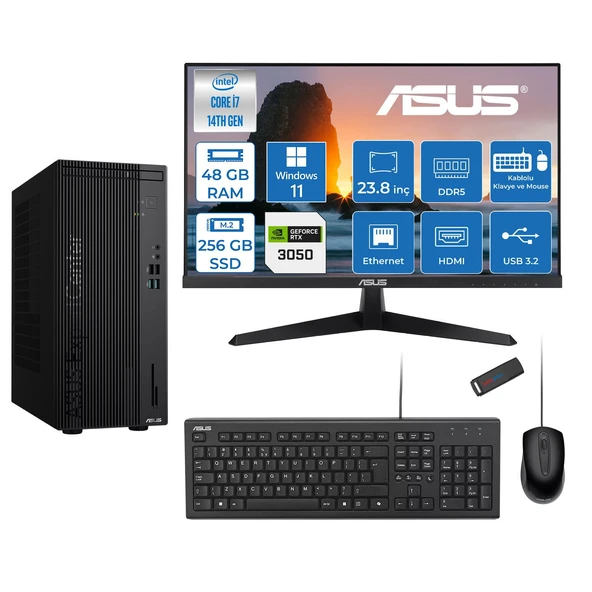 Asus Expertcenter D501MER  Intel® Core™ İ7-14700 48GB Ddr5 256GB SSD 6GB/RTX3050 WIN11PRO +23.8" 120Hz Monitör Mini Tower Masaüstü Bilgisayar 238WD501MER23P16+ZETTAUSBBELLEK ürün görseli 1