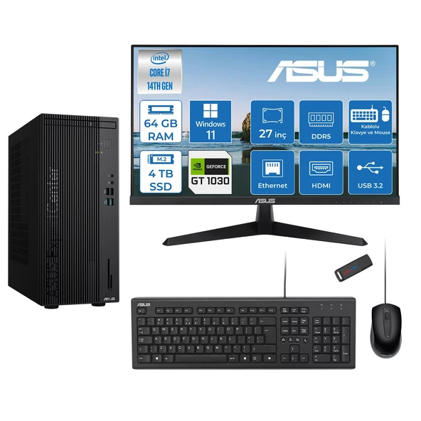Asus Expertcenter D501MER  Intel® Core™ İ7-14700 64GB Ddr5 4tb SSD 4GB/GT1030  WIN11HOME +27" 120Hz Monitör Mini Tower Masaüstü Bilgisayar 27WD501MER21H25+ZETTAUSBBELLEK ürün görseli 1