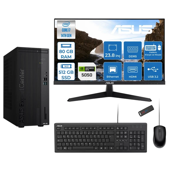 Asus Expertcenter D501MER  Intel® Core™ İ7-14700 80GB Ddr5 512GB SSD 8GB/RTX5050 Freedos +23.8" 120Hz Monitör Mini Tower Masaüstü Bilgisayar 238WD501MER27F27+ZETTAUSBBELLEK ürün görseli 1