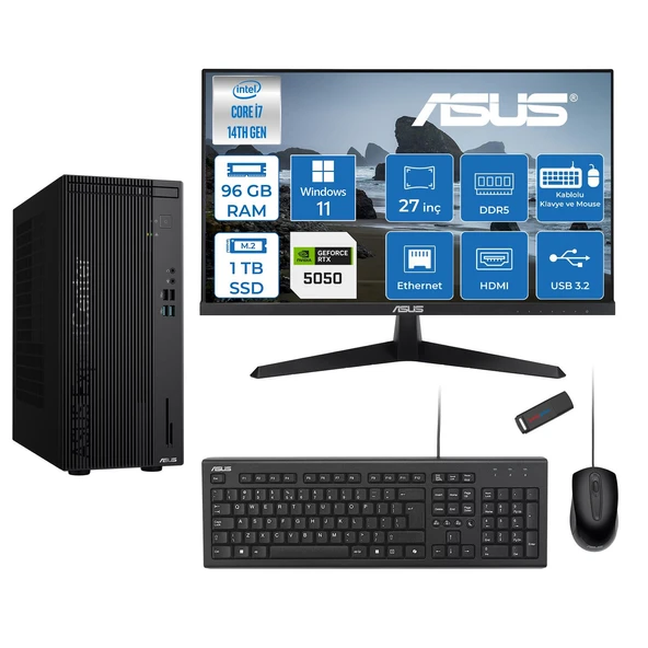 Asus Expertcenter D501MER  Intel® Core™ İ7-14700 96GB Ddr5 1tb SSD 8GB/RTX5050 WIN11HOME +27" 120Hz Monitör Mini Tower Masaüstü Bilgisayar 27WD501MER27H33+ZETTAUSBBELLEK ürün görseli 1