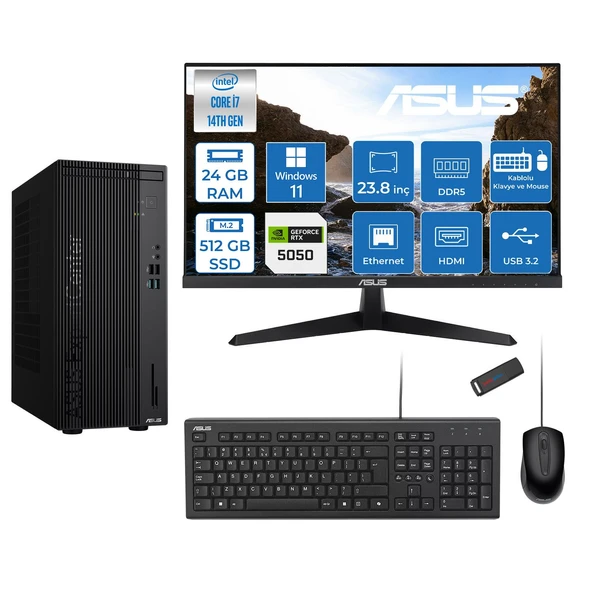 Asus Expertcenter D501MER  Intel® Core™ İ7-14700 24GB Ddr5 512GB SSD 8GB/RTX5050 WIN11PRO +23.8" 120Hz Monitör Mini Tower Masaüstü Bilgisayar 238WD501MER27P07+ZETTAUSBBELLEK ürün görseli 1