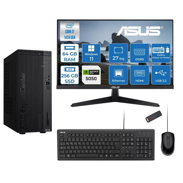 Asus Expertcenter D501MER  Intel® Core™ İ7-14700 64GB Ddr5 256GB SSD 8GB/RTX5050 WIN11PRO +27" 120Hz Monitör Mini Tower Masaüstü Bilgisayar 27WD501MER27P21+ZETTAUSBBELLEK ürün görseli 1