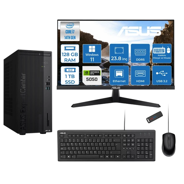 Asus Expertcenter D501MER  Intel® Core™ İ7-14700 128GB Ddr5 1tb SSD 8GB/RTX5050 WIN11HOME +23.8" 120Hz Monitör Mini Tower Masaüstü Bilgisayar 238WD501MER27H38+ZETTAUSBBELLEK ürün görseli 1