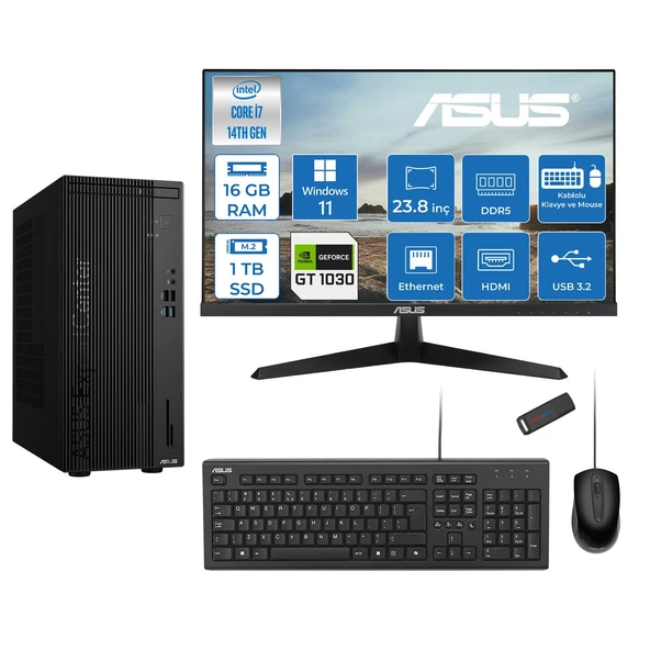 Asus Expertcenter D501MER  Intel® Core™ İ7-14700 16GB Ddr5 1tb SSD 4GB/GT1030  WIN11PRO +23.8" 120Hz Monitör Mini Tower Masaüstü Bilgisayar 238WD501MER21P03+ZETTAUSBBELLEK ürün görseli 1
