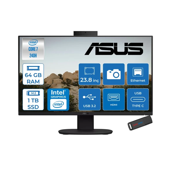 Asus V440VAK Intel® Core™ 7 240H 5.2ghz 64GB Ddr5 1tb SSD 23.8" Fhd 100HZ 250NITS Srgb: %100 Freedos Siyah Allınone Bilgisayar 24C716512B0DF23+ZETTAUSBBELLEK ürün görseli 1