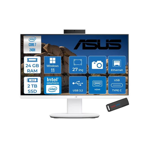 Asus V470VAK Intel® Core™ 7 240H 5.2ghz 24GB Ddr5 2tb SSD 27" Fhd 100HZ 300NITS Srgb: %100 WIN11HOME Beyaz Allınone Bilgisayar 27C716512W0DH09+ZETTAUSBBELLEK ürün görseli 1