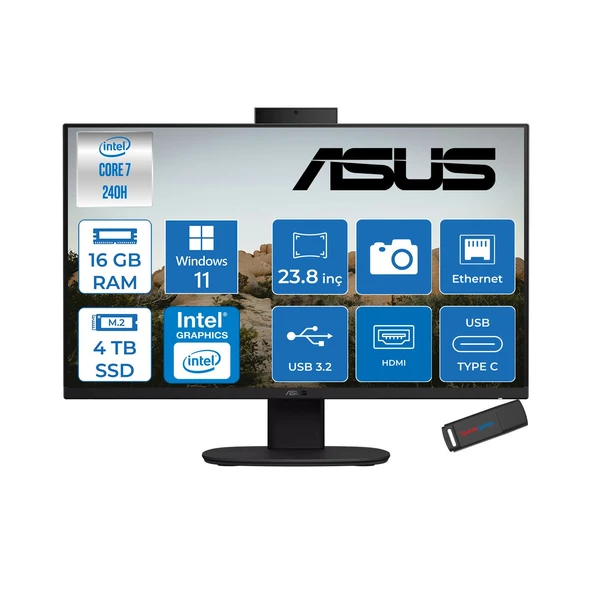 Asus V440VAK Intel® Core™ 7 240H 5.2ghz 16GB Ddr5 4tb SSD 23.8" Fhd 100HZ 250NITS Srgb: %100 WIN11PRO Siyah Allınone Bilgisayar 24C716512B0DP05+ZETTAUSBBELLEK ürün görseli 1