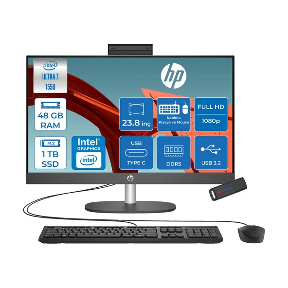 Hp Proone 240 G10 Intel® Core™ Ultra 7 155U 4,8 Ghz 48GB Ddr5 1tb SSD 23.8" Fhd (1920 x 1080), Ips,wled 250 Nits Freedos Siyah Allınone Bilgisayar D1BC2ETF18+ZETTAUSBBELLEK ürün görseli 1