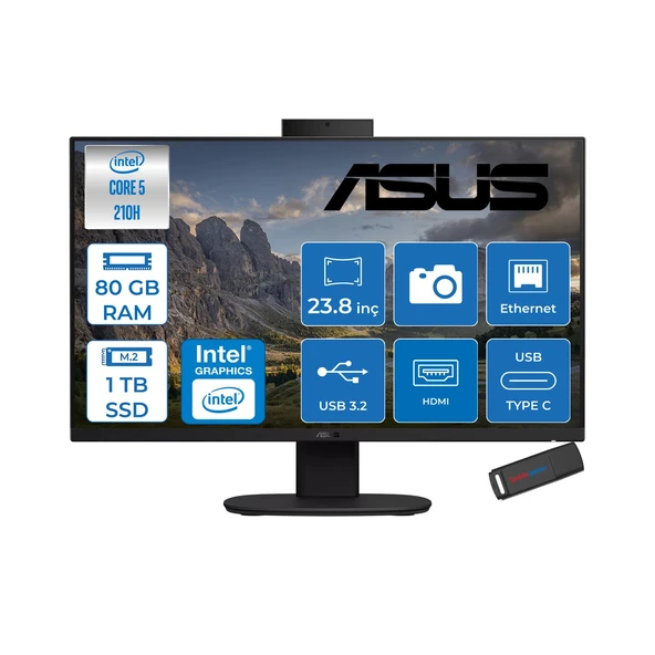 Asus V440VAK Intel® Core™ 5 210H 4.8ghz 80GB Ddr5 1tb SSD 23.8" Fhd 100HZ 250NITS Srgb: %100 Freedos Siyah Allınone Bilgisayar 24C58512B0DF28+ZETTAUSBBELLEK ürün görseli 1