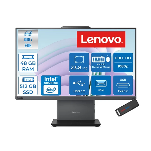 Lenovo Thinkcentre Neo 50A 24 Gen 5 Intel® Core™ 7 240H 5.2ghz 48GB Ddr5 512GB SSD 23.8" Fhd (1920X1080) IPS 250NITS, 99% Srgb Freedos Siyah Allınone Bilgisayar 12SC003YTRF17+ZETTAUSBBELLEK ürün görseli 1