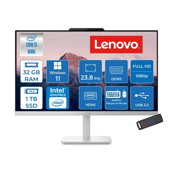 Lenovo A100 Intel Core I3-N305 3.8ghz 32GB 1tb SSD Intel® UHD Graphics 23.8" Fhd (1920X1080) IPS 99% Srgb WIN11HOME All-In-One Bilgisayar F0J6002UTRH13+ZETTAÇANTA ürün görseli 1